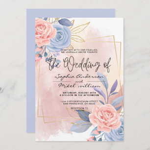 Invitation Budget Floral or bleu & rose pinceau mariage Invi