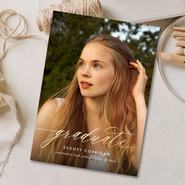 Invitation Budget Gold Calligraphy Graduation Photo (Créateur téléchargé)