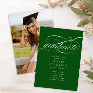 Invitation Budget Green Élégant Script Photo Graduation Party