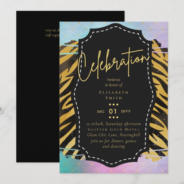 Invitation Budget jolie fille Sweet16 Gold Poster de animal I (Devant / Derrière)