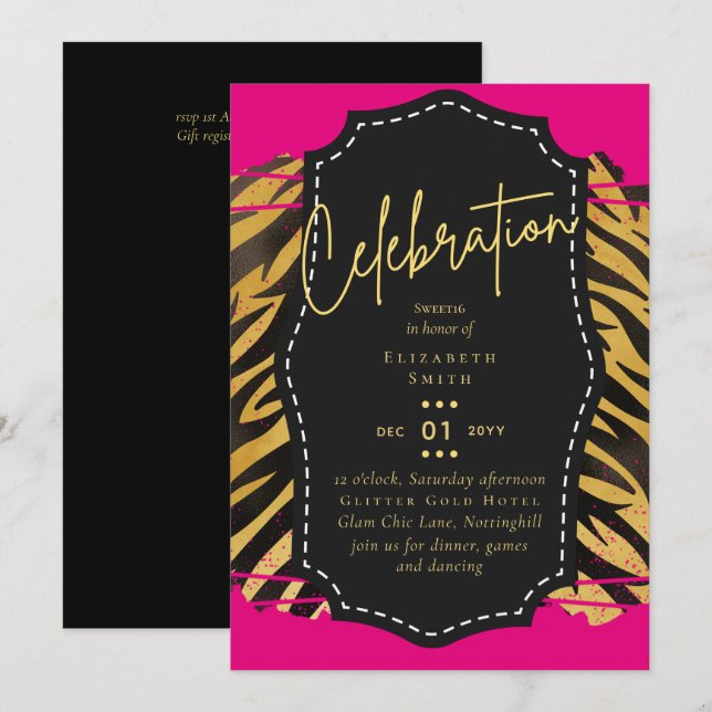 Invitation Budget jolie fille Sweet16 Gold Poster de animal I (Devant / Derrière)