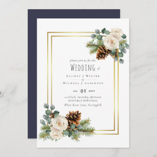 Invitation BUDGET Mariage d'hiver Roses blanches Or Dusty Ble