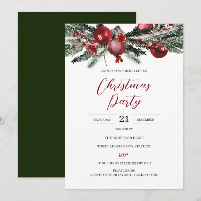 Invitation Budget Noël Red Green Festive Floral Party (Devant / Derrière)