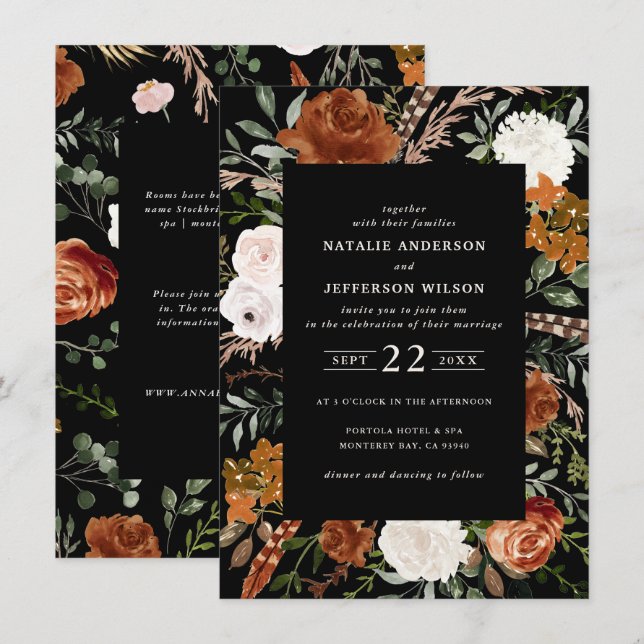 Invitation Budget noir terre cuite détails de la mariage flor (Devant / Derrière)