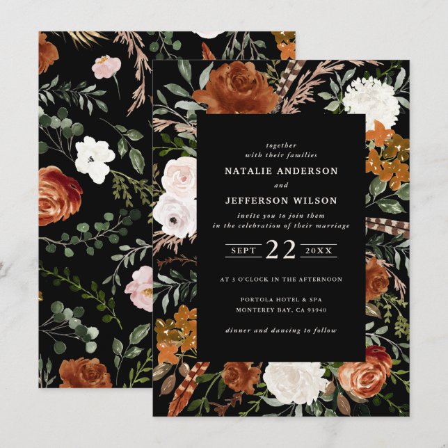Invitation Budget noir terre cuite floral rustique élégant fl (Devant / Derrière)