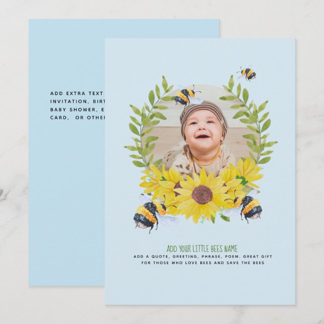 Invitation BUDGET Nouveau Bébé photo cadeaux Bees tournesols (Devant / Derrière)