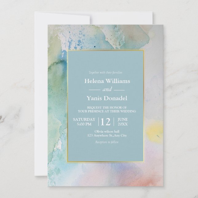 Invitation Budget Pastel Blue Watercolor Mariage d'été (Devant)
