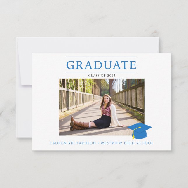 Invitation Budget Photo Graduation Party Bleu & Blanc (Devant)