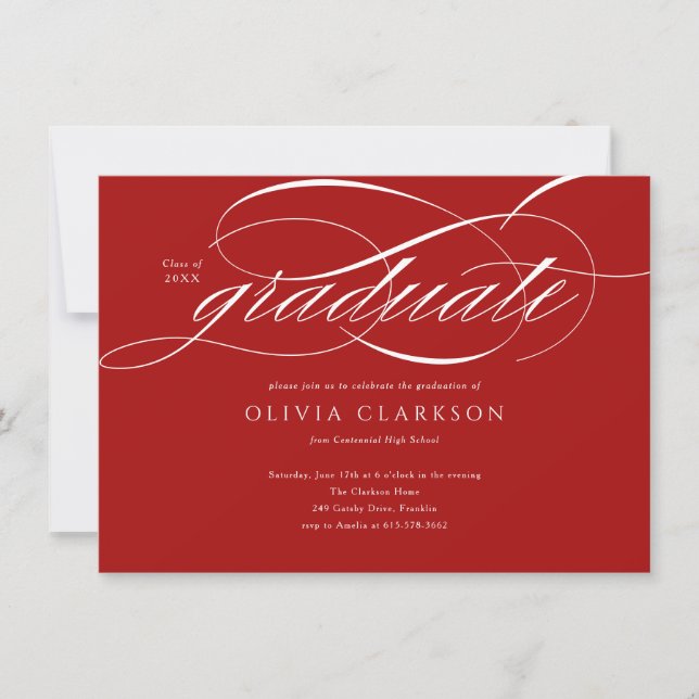 Invitation Budget Red Elegant Script Photo Graduation Party (Devant)