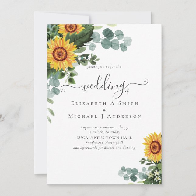 Invitation BUDGET Russe tournesol Eucalyptus Mariage Feuille (Devant)