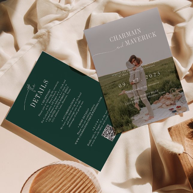 Invitation Budget tout en un + code QR Emerald Green Mariage (Créateur téléchargé)