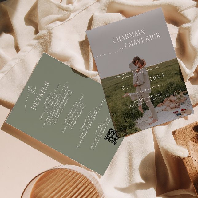 Invitation Budget tout en un + code QR Sage Green Mariage (Créateur téléchargé)