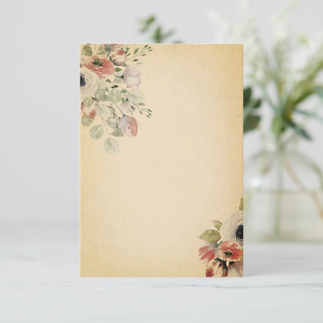 Invitation Budget vierge floral rose sur parchemin mariage  (Debout devant)