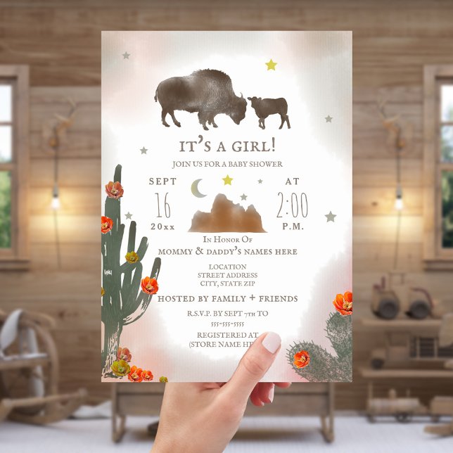 Invitation Buffalo Bison Desert Cactus Girl Baby shower (Créateur téléchargé)