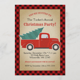 Invitation Buffalo Plaid Red Truck and Tree Christmas Party