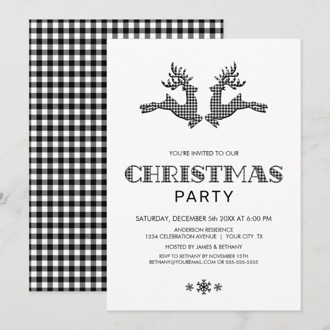 Invitation Buffle noir blanc Plaid Deer Christmas Party (Devant / Derrière)