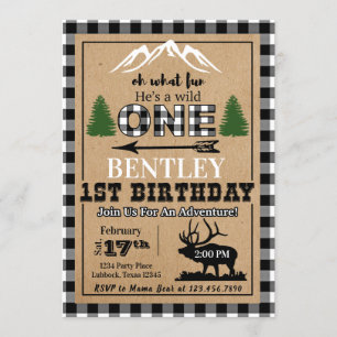 Invitation Buffle noir blanc Plaid Moose Birthday Invitatiati