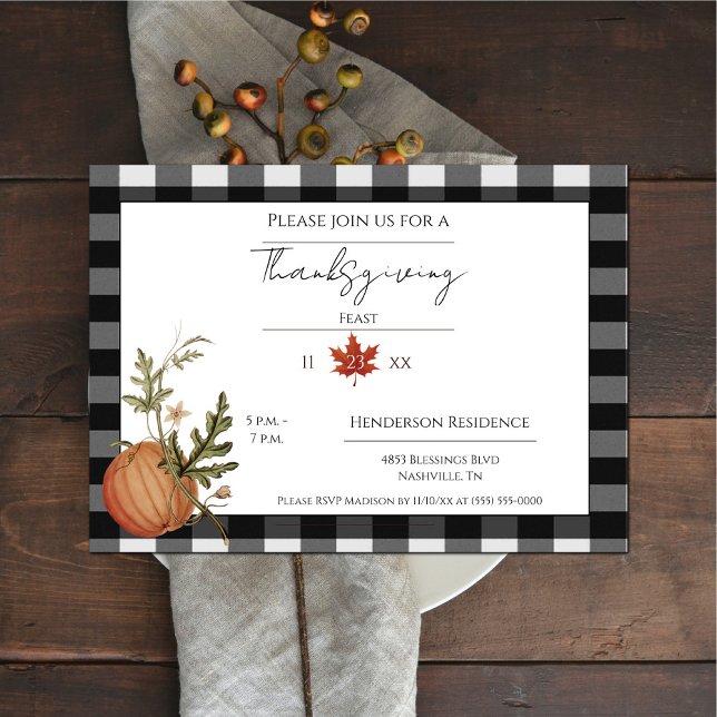 Invitation Buffle Noir Plaid Dîner Citrouille Thanksgiving (Black Buffalo Plain Pumpkin Thanksgiving Dinner Invitation)