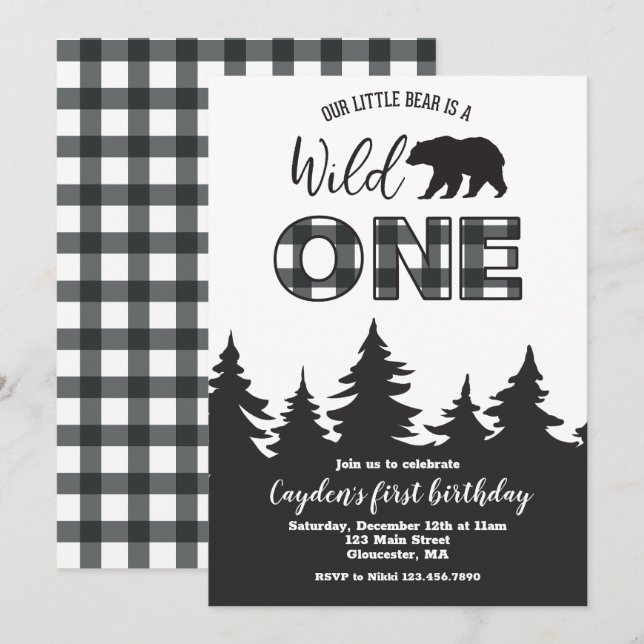 Invitation Buffle Ours Sauvage Posé Premier anniversaire Invi (Devant / Derrière)