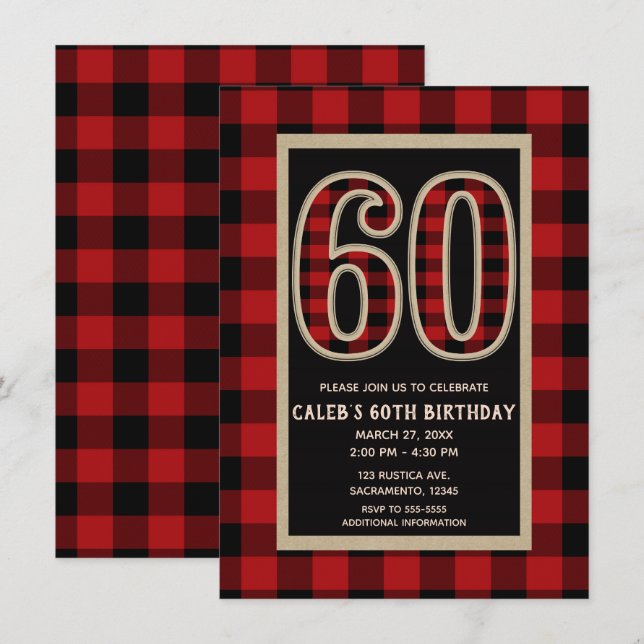 Invitation Buffle rouge rustique Noir Plaid 60e 60 Anniversai (Devant / Derrière)