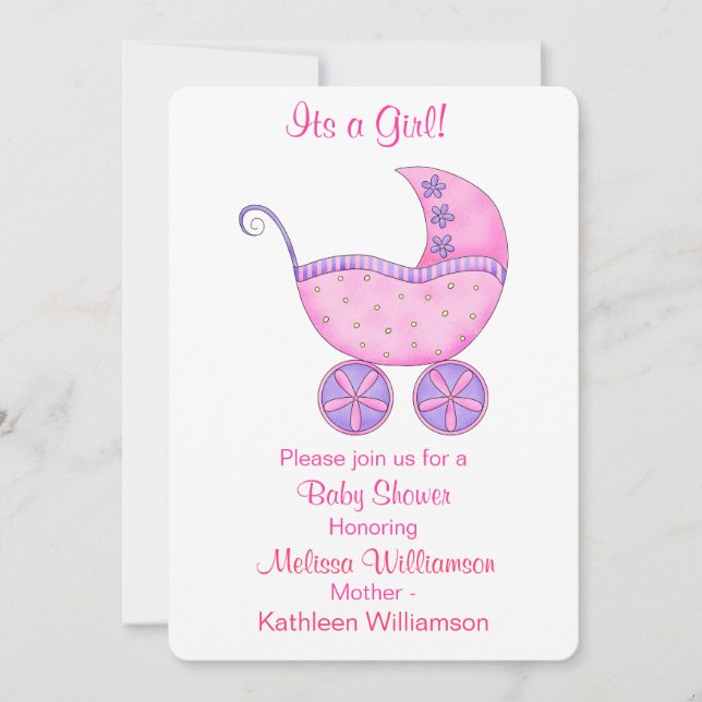 Invitation Buggy Carriage C'est une fille Baby shower rose (Devant)