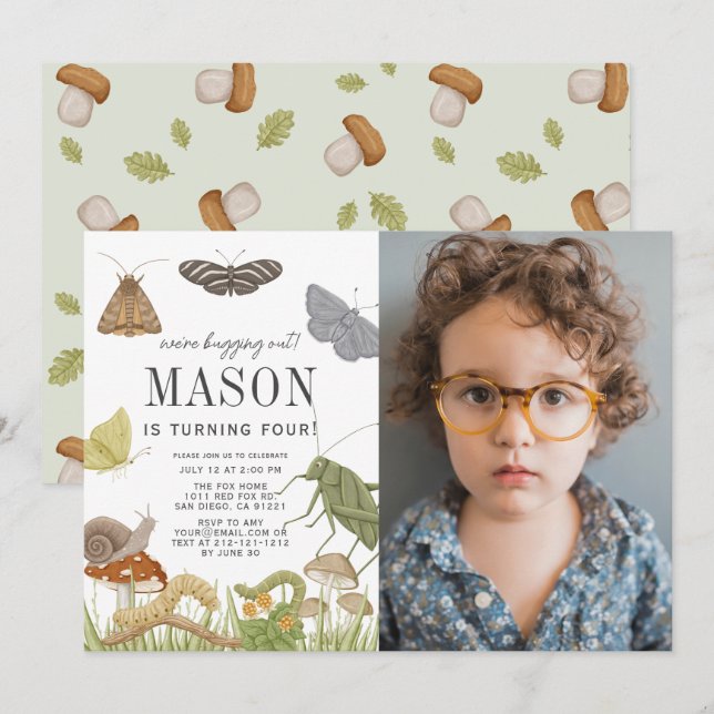 Invitation Bugs & Insectes Mushroom Boy Photo Anniversaire (Devant / Derrière)