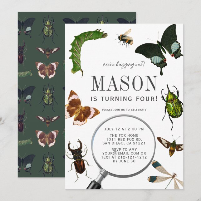 Invitation Bugs & Insectes Vintage Garçon Anniversaire (Devant / Derrière)