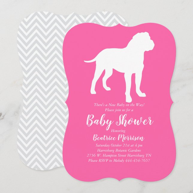 Invitation Bull Mastiff Chien Baby shower fille rose (Devant / Derrière)