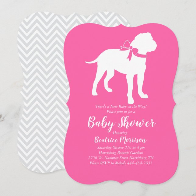 Invitation Bull Mastiff Chien Baby shower fille rose (Devant / Derrière)