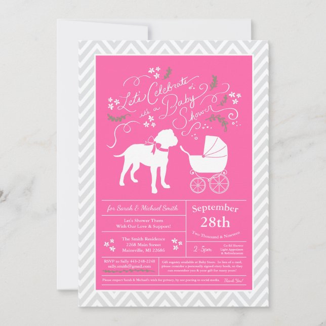 Invitation Bull Mastiff Chien Baby shower fille rose (Devant)