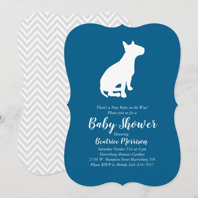 Invitation Bull Terrier Chien Baby shower Blue Boy (Devant / Derrière)