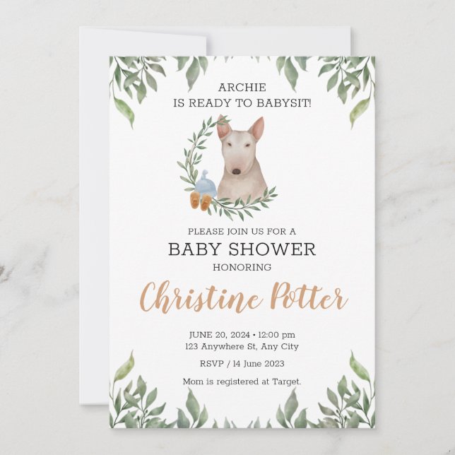 Invitation Bull Terrier Chien Boy Boho Baby shower de verdure (Devant)