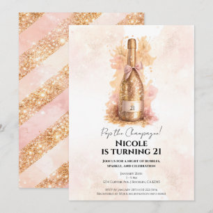 Invitation Bulle de Champagne et Paillettes d'Or 21 Anniversa