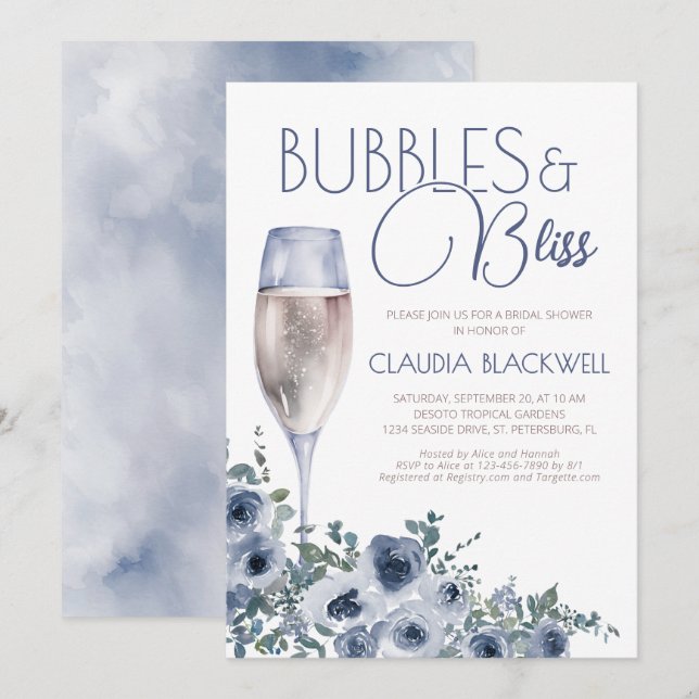 Invitation Bulles Bliss Champagne Fête des mariées Bleue (Devant / Derrière)