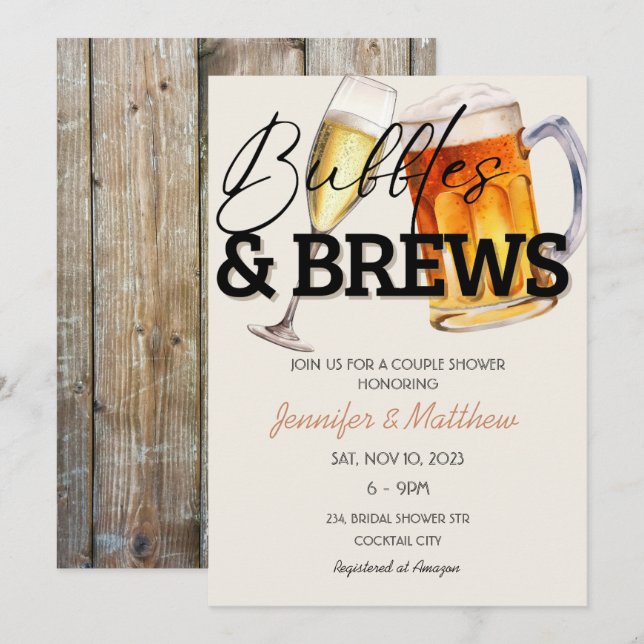 Invitation Bulles Brasserie Bois Rustique Bière pour couples  (Devant / Derrière)
