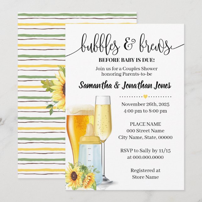 Invitation Bulles & brasseries avant bébé à baby shower jaune (Devant / Derrière)