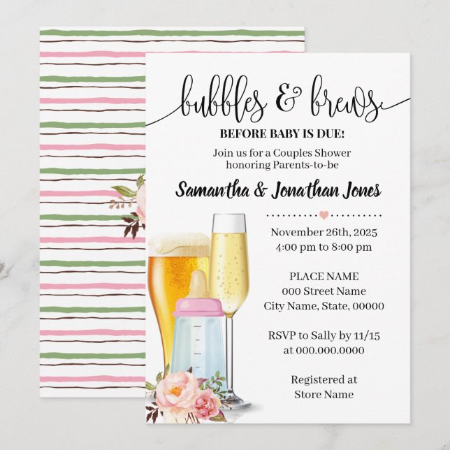 Invitation Bulles & brasseries avant bébé baby shower rose (Devant / Derrière)