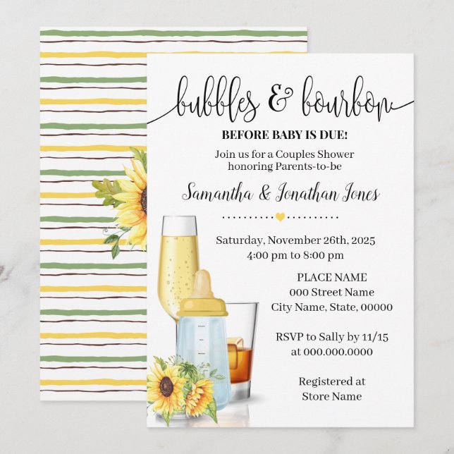 Invitation Bulles & Bris Avant Bébé Dû Sunflower Douche (Devant / Derrière)