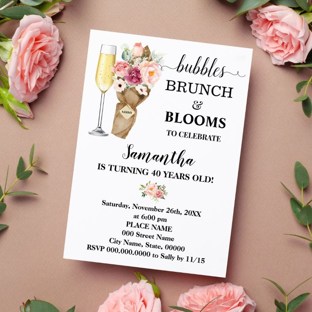 Invitation Bulles Brunch & Blooms Fleurs roses Anniversaire (Créateur téléchargé)