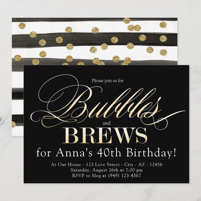 Invitation Bulles et brasser Noir et Or Adulte Anniversaire (Devant / Derrière)