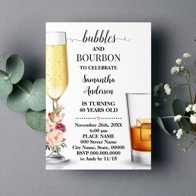 Invitation Bulles & Fleurs roses Bourbon Adultes Anniversaire (Créateur téléchargé)