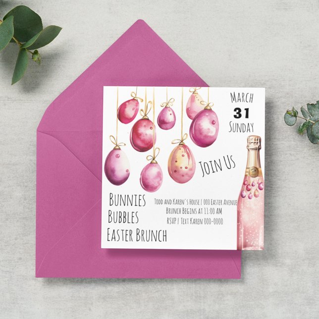 Invitation Bulles, lapins et Brunch de Pâques (Customizable Easter Brunch invitation with pink and yellow Easter eggs and bubbly. )