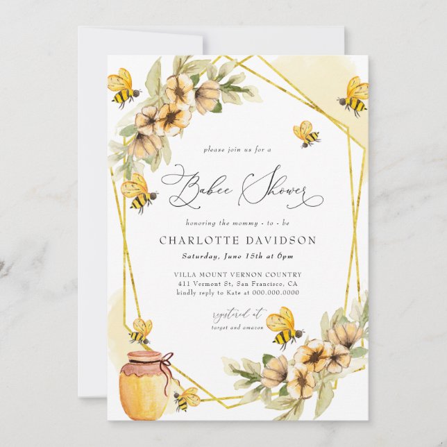 Invitation Bumble Bee Jaune Baby shower de cadre Floral (Devant)