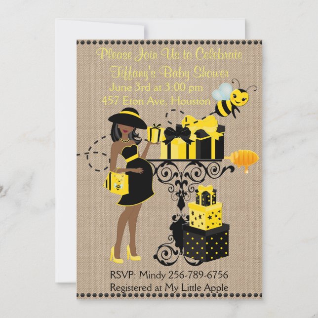 Invitation Bumble Bee Lady Jaune Baby shower africain Invitat (Devant)