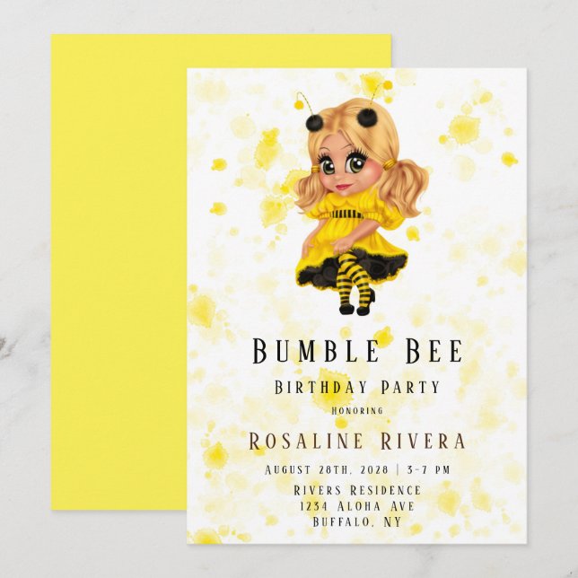 Invitation Bumble Bee Preteen Fille fête d'anniversaire (Devant / Derrière)
