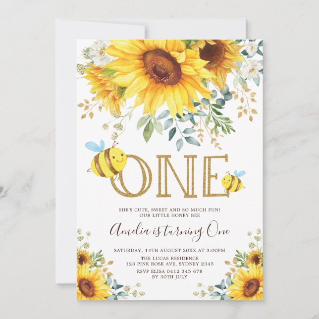 Invitation Bumble Bee Sunflower Été 1er anniversaire (Devant)