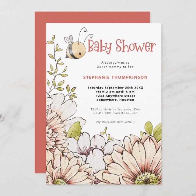 Invitation Bumblebee Florals Baby shower de corail (Devant / Derrière)