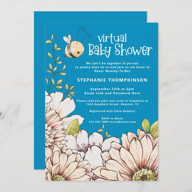 Invitation Bumblebee Florals Baby shower virtuel bleu (Devant / Derrière)