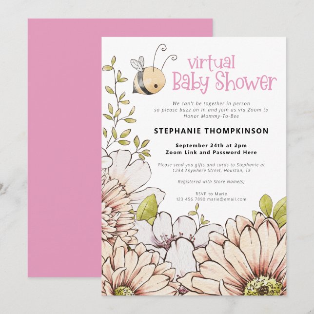 Invitation Bumblebee Florals Baby shower virtuel rose (Devant / Derrière)
