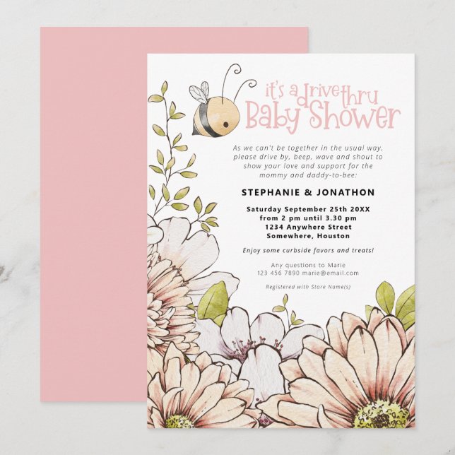 Invitation Bumblebee Florals Drive Thru Baby Rose Douche (Devant / Derrière)